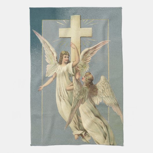 十字架ビクトリアン付き天使、ヴィンテージイースター キッチンタオル (縦)