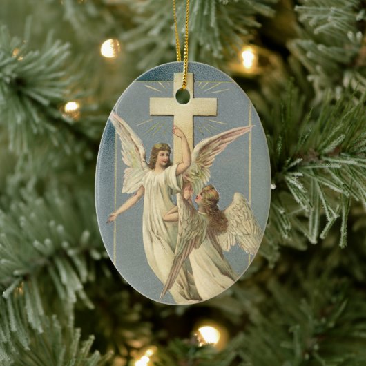 十字架ビクトリアン付き天使、ヴィンテージイースター セラミックオーナメント (ツリー)
