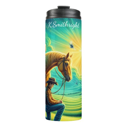 十字架上でイエスの前にひざまずくカウボーイ タンブラー (正面)