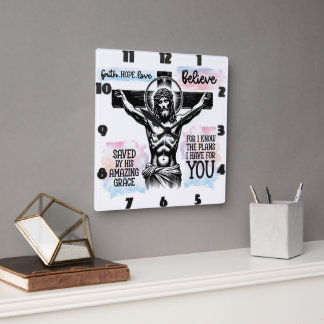 十字架上のイエスの複雑な描写 スクエア壁時計