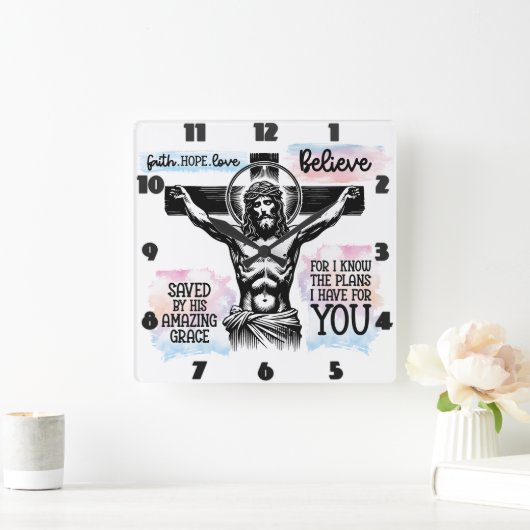 十字架上のイエスの複雑な描写 スクエア壁時計 (ホーム)