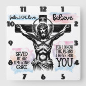 十字架上のイエスの複雑な描写 スクエア壁時計 (正面)