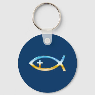 十字架付きキリスト教魚のシンボル – 空と地面 キーホルダー