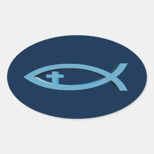 十字架付きキリスト教魚の記号 – イチュス 楕円形シール