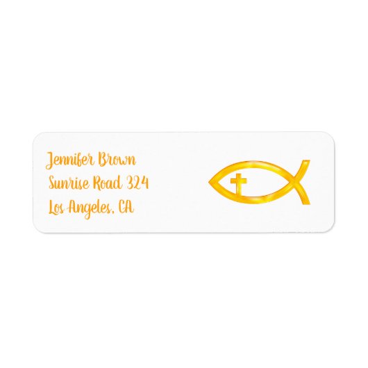 十字架付き金のクリスチャンの魚のシンボル ラベル (正面)