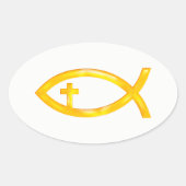 十字架付き金のクリスチャンの魚のシンボル 楕円形シール (正面)