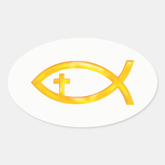 十字架付き金のクリスチャンの魚のシンボル 楕円形シール (正面)