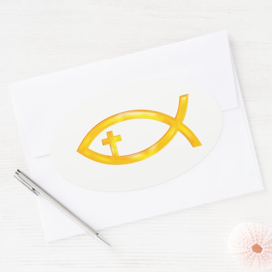 十字架付き金のクリスチャンの魚のシンボル 楕円形シール (封筒)