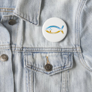 十字架像とのキリスト教の魚の記号-空及び地面 缶バッジ