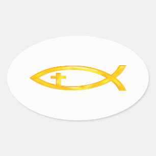 十字架像との金キリスト教の魚の記号 楕円形シール