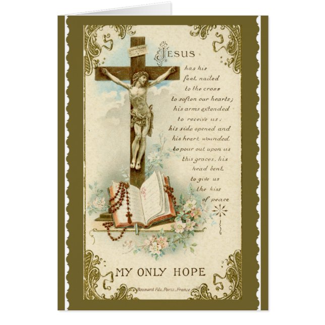 十字架像の聖書の数珠の祈りの言葉の金ゴールドの花ユリ (正面)