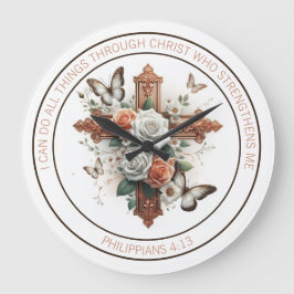 十字架、バラ、蝶と聖書の詩 ラージ壁時計