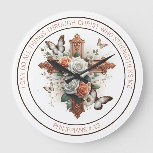 十字架、バラ、蝶と聖書の詩 ラージ壁時計 (正面)