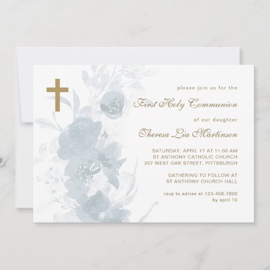 十字聖餐式と繊細な青いフローラ 招待状 (正面)