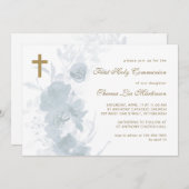 十字聖餐式と繊細な青いフローラ 招待状 (正面/裏面)