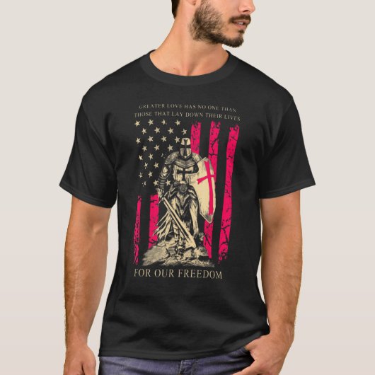 十字軍の騎士テンプラール戦士の神のアメリカ国旗 Tシャツ (正面)