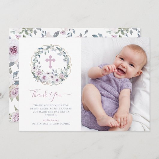 十字|の写真とのすみれ色の赤面|の花の洗礼 サンキューカード (正面/裏面)