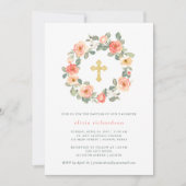 十字|の洗礼のかわいらしいモモの花のリース 招待状 (正面)