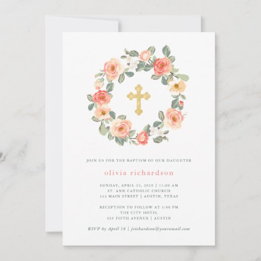 十字|の洗礼のかわいらしいモモの花のリース 招待状 (正面)