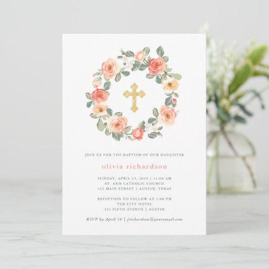 十字|の洗礼のかわいらしいモモの花のリース 招待状 (スタンド正面)