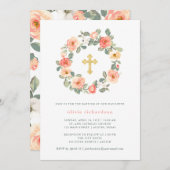 十字|の洗礼のかわいらしいモモの花のリース 招待状 (正面/裏面)