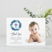 十字|の洗礼の写真との明るく青い花柄 サンキューカード (スタンド正面)