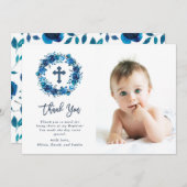 十字|の洗礼の写真との明るく青い花柄 サンキューカード (正面/裏面)