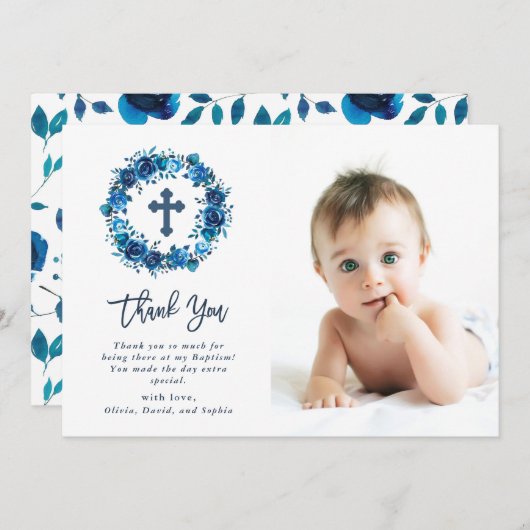 十字|の洗礼の写真との明るく青い花柄 サンキューカード (正面/裏面)