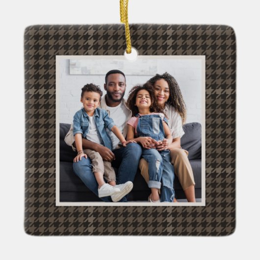 千鳥格子のクラシックニュートラル1枚のクリスマス セラミックオーナメント (正面)