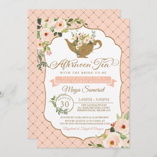 午後のお茶の贅沢な赤面の花柄のブライダルシャワー 招待状 (正面/裏面)
