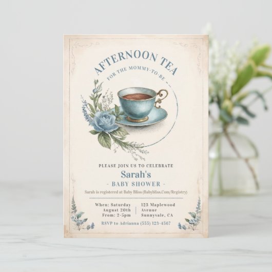 午後エレガントティーベイビーシャワー招待状ボーイ 招待状 (スタンド正面)