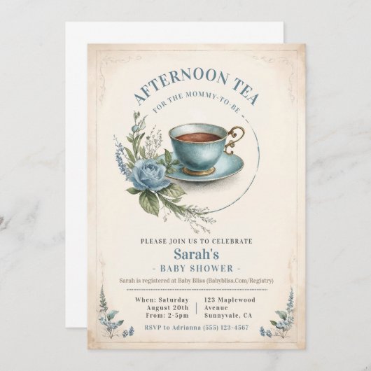 午後エレガントティーベイビーシャワー招待状ボーイ 招待状 (正面/裏面)