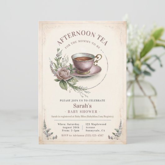 午後エレガントティーベイビーシャワー招待状女の子 招待状 (スタンド正面)