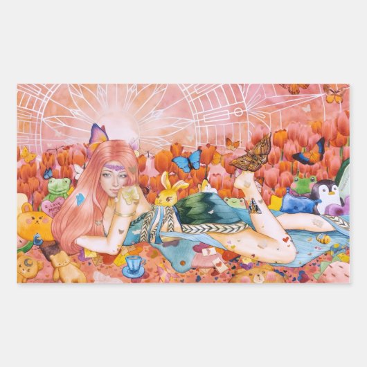 「午後」の女性の絵 長方形シール (正面)