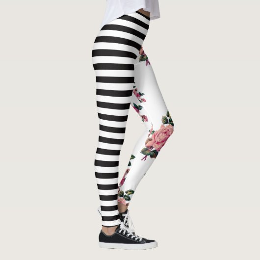 半々のストライプおよびばら色の花柄 レギンス (右)