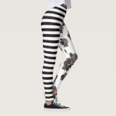 半々のストライプのバラの白黒花柄 レギンス (右)