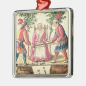 半分の女性を鋸で挽いている2人のベニス風の手品師 メタルオーナメント (左)