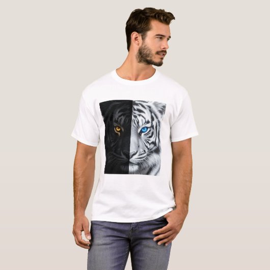 半分黒、半分白の炎の虎の顔 デジタルアート Tシャツ (正面フル)