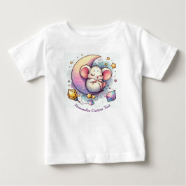 半月で眠るかわいいネズミの名入れデザイン ベビーTシャツ