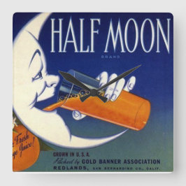 半月のブランドのオレンジの木枠のラベル スクエア壁時計