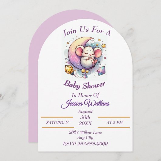 半月の赤ちゃんシャワーに寝るかわいいマウス 招待状 (正面/裏面)