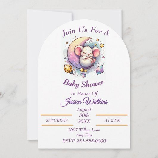 半月の赤ちゃんシャワーに寝るかわいいマウス 招待状 (正面)