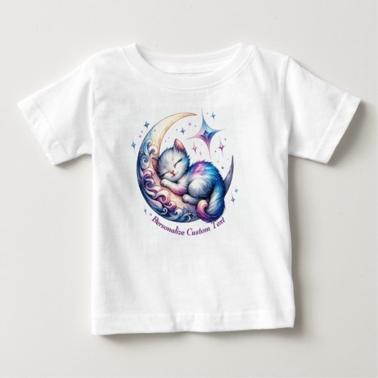 半月パーソナライズされたに眠る可愛い子猫 ベビーTシャツ (正面)