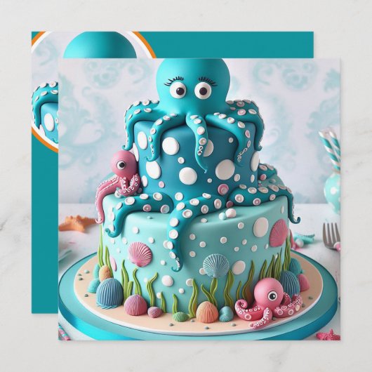 半月板ブルータコをテーマにしたお誕生日ケーキ 招待状 (正面/裏面)