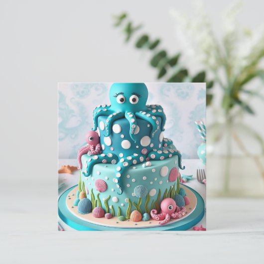 半月板ブルータコをテーマにしたお誕生日ケーキ 招待状 (スタンド正面)