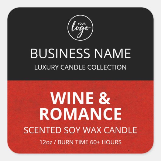 半赤黒ブロックデザインSoy Candleラベル スクエアシール (正面)