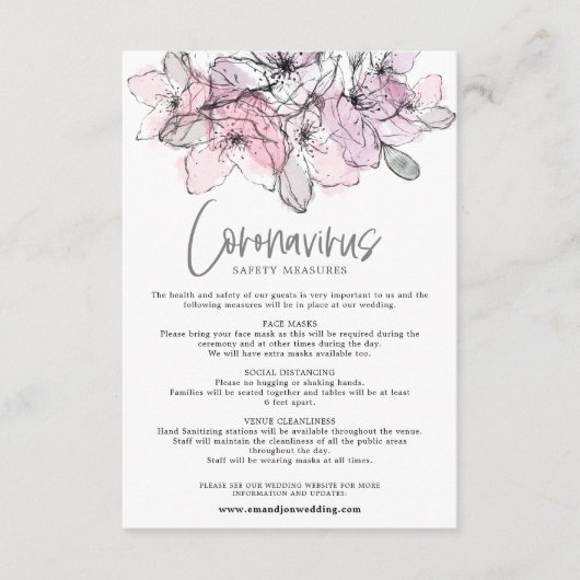 半透明の水色ピンクの花模様Covid安全性 エンクロージャーカード (正面)