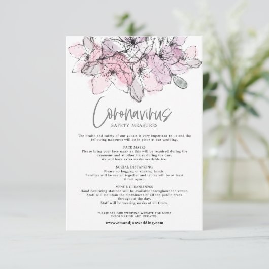 半透明の水色ピンクの花模様Covid安全性 エンクロージャーカード (スタンド正面)