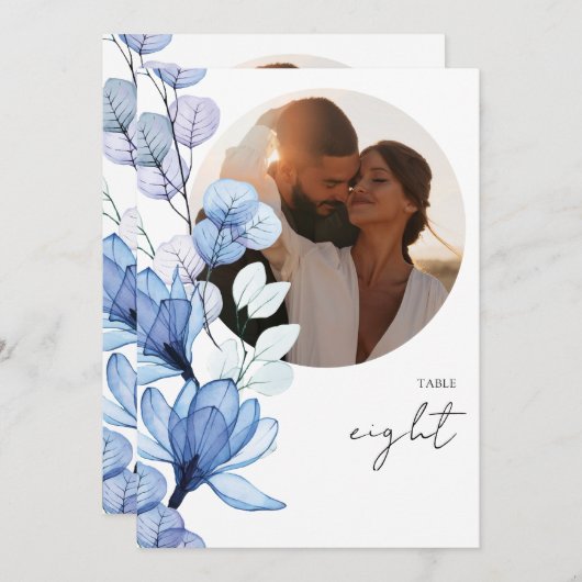 半透明ダスティーブルー花柄フォトテーブルナンバー 招待状 (正面/裏面)