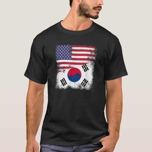 半韓国国旗ヴィンテージUSAギフト Tシャツ (正面)